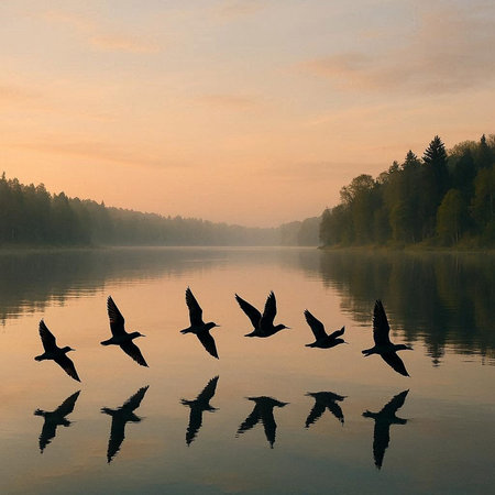 Flock of ducks flying over a lake at sunrise, with silhouettes of trees on the water
