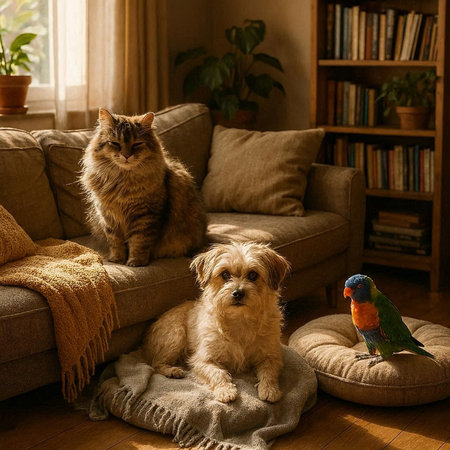 Cat and dog sitting on sofa with parrot in living room.