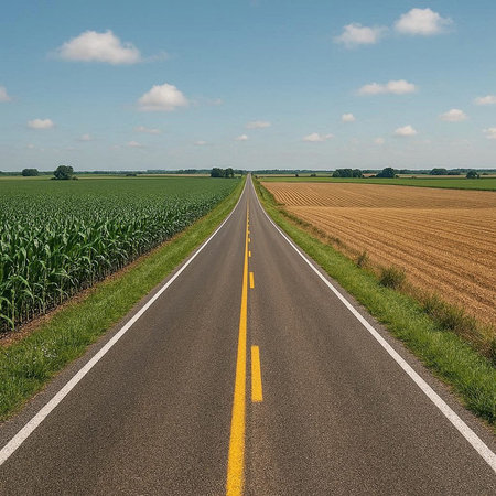 Asphalt road through corn field with blue sky and white clouds.