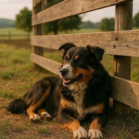 Portrait of a Bernese mountain dog on the background of a wooden fence