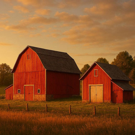Two red barns at sunset in a rural landscape. 3d render