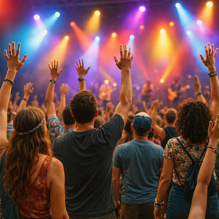 Crowd at a concert on a summer day, hands raised up