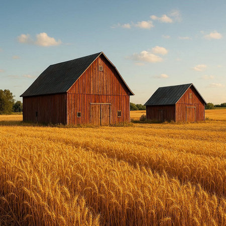 Two old red barns in a wheat field under a blue sky