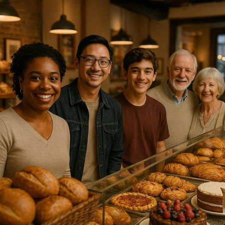 Group of diverse senior friends looking at camera and smiling while standing in bakery