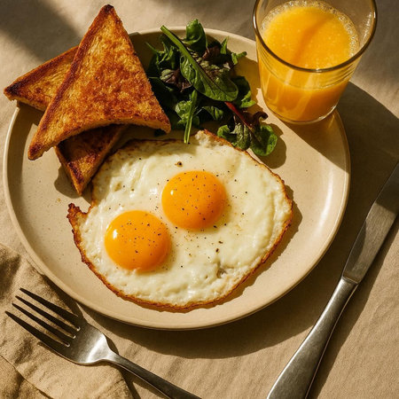 Fried eggs with toast and salad on a plate, close up