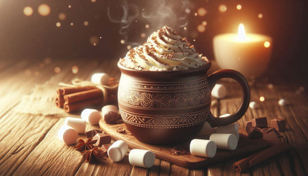 Cup of hot chocolate with whipped cream and marshmallows on wooden table