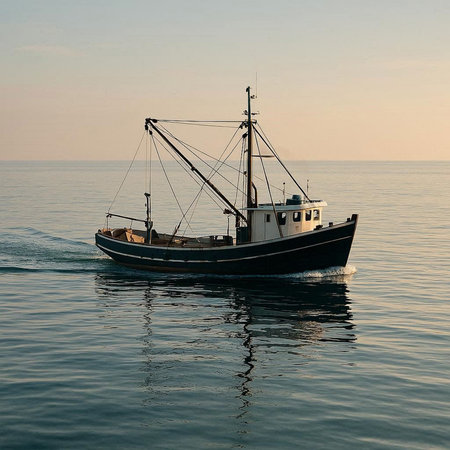 Fishing boat on the sea in the morning light, blue sky
