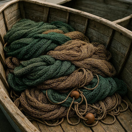 Fishing nets in a wooden box. Close-up. Selective focus.