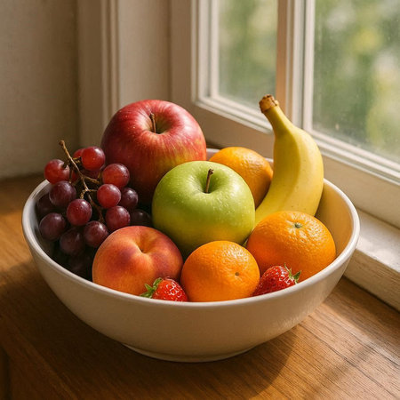 Bowl with fresh fruits on the windowsill. Selective focus.