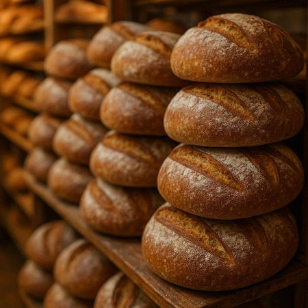 Freshly baked bread on shelves in bakery shop. Selective focus.