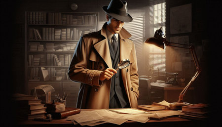 Young detective in hat and coat sitting at table and looking at magnifier