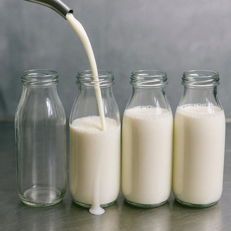 Milk is poured into a glass bottle on a gray background.