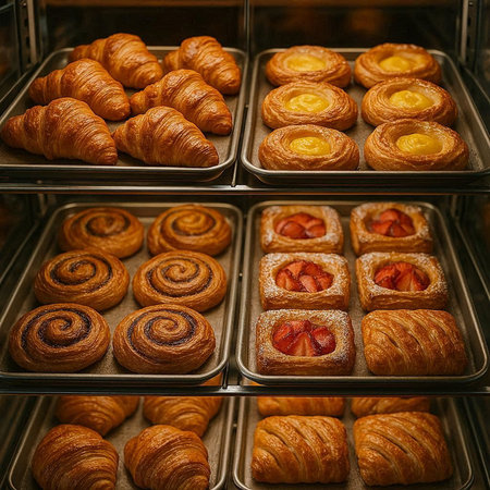 Freshly baked croissants on a shelf in a bakery.