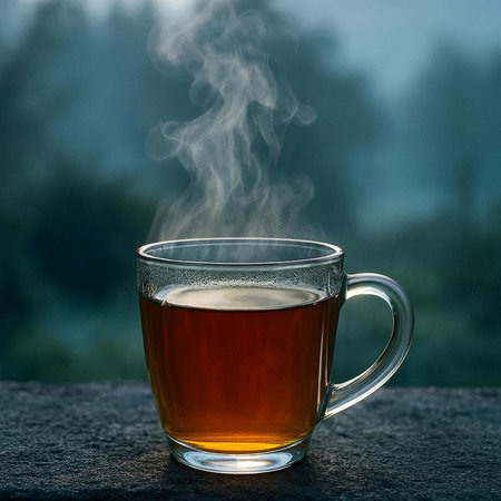 Cup of tea with steam on the background of foggy forest
