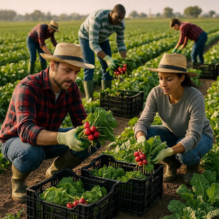 Farmers working on a field of red radish in the morning