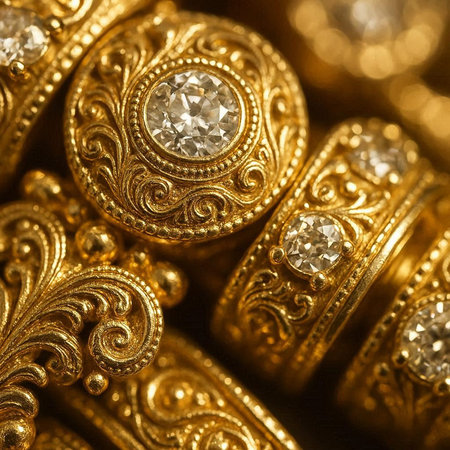 Jewelry background. Gold bracelets with diamonds close up.