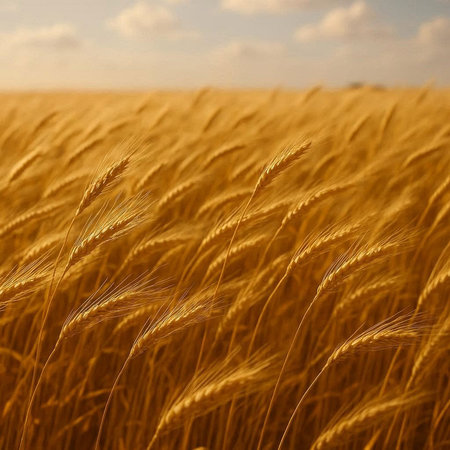 Golden ears of wheat on the field. Shallow depth of field.