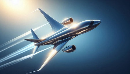 Airplane flying in the blue sky. 3d rendering and illustration