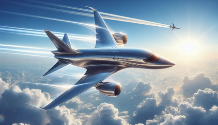 Futuristic airplane flying high in the sky. 3d rendering