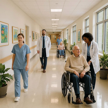 Group of doctors and nurses in a hospital corridor with senior man in a wheelchair