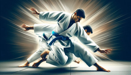 Two judo fighters fighting on a dark background. Concept of karate