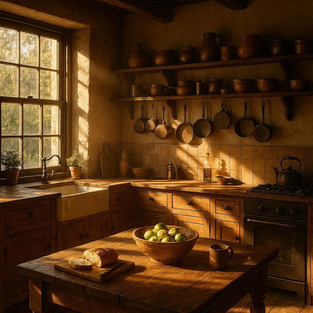 Interior of a rustic kitchen with a view of the window