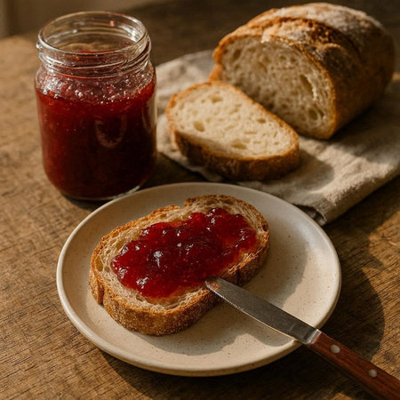 Slices of bread with jam and knife on wooden table.