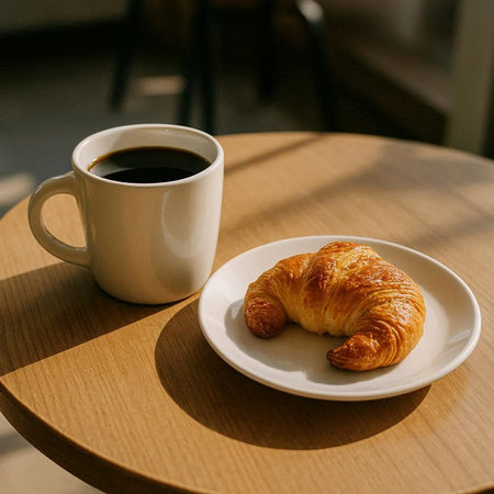 Breakfast with coffee and croissants in a basket on the table