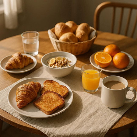 Breakfast with coffee, croissants, orange juice and granola