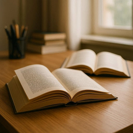 Open book on a wooden table in a room with a window.