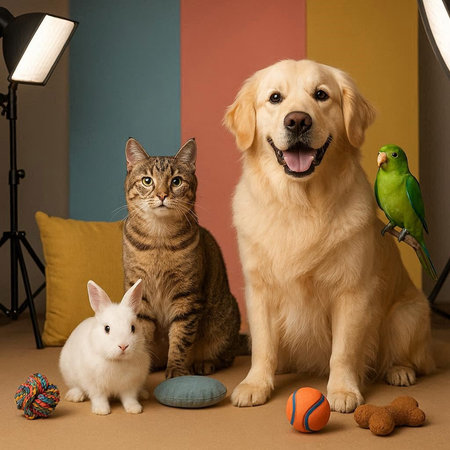 Cat, dog, dog and cat with easter eggs on a colored background