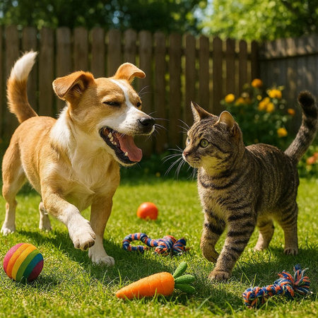 Cat and dog playing with toy balls in the garden on a sunny day