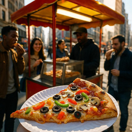 Pizza on the street with people in the background. Street food concept.