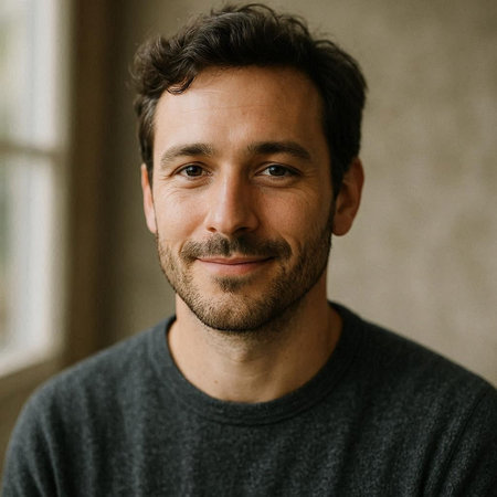 Portrait of a handsome young man with a beard smiling at the camera