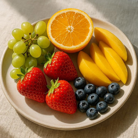 Fresh fruits on a plate, selective focus, close-up.