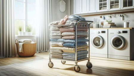 Laundry room with trolley full of clothes. 3d rendering