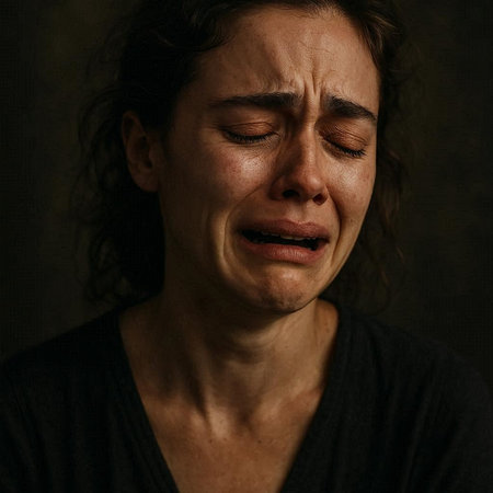 Portrait of a crying middle-aged woman on a dark backgroundの写真素材