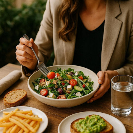 Woman Eating Healthy Vegetarian Salad With Fruits And Vegetables.