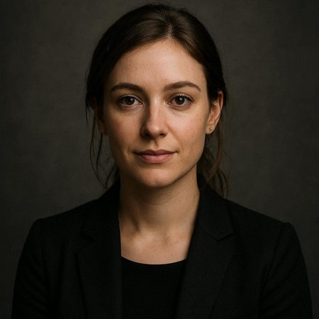 Portrait of a young business woman in a black suit on a dark background