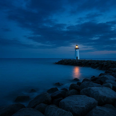 Lighthouse on the rocky shore of the Baltic Sea at night.