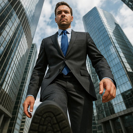 Portrait of a young businessman in a suit on the background of skyscrapers