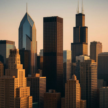 Manhattan skyscrapers at sunset, New York City, USA.