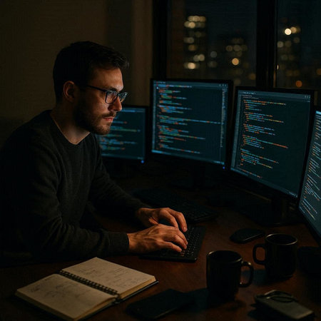 Side view of male programmer working on computer in dark office at night