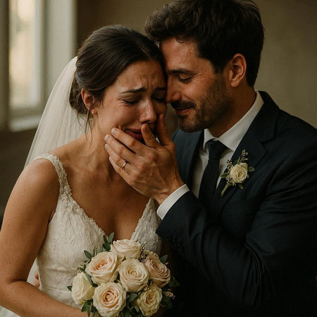 Wedding couple kissing and embracing each other in the room.