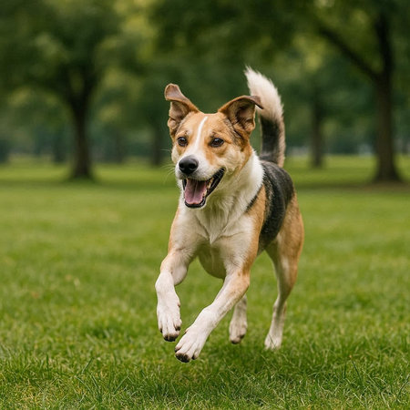 Beagle dog running in the park. Selective focus on the dog