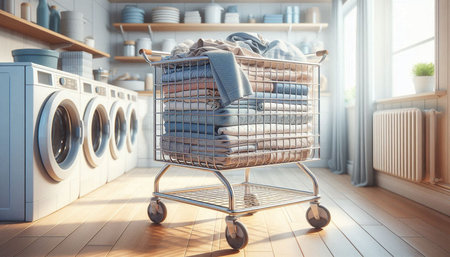 Laundry room with trolley full of clothes. 3d rendering