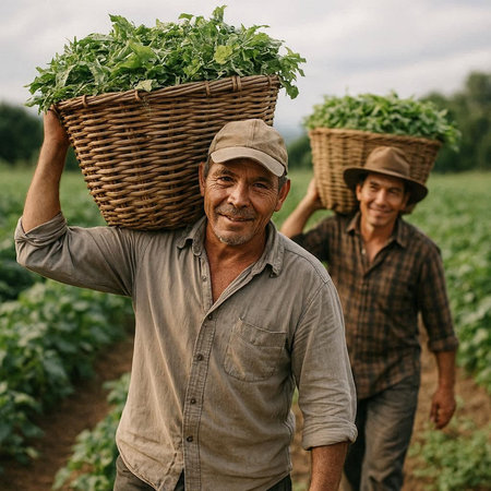 Farmer carrying a basket full of fresh melissa leaves on his shoulder