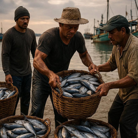 Fishermen are collecting tuna fish in the fishing port at sunset.