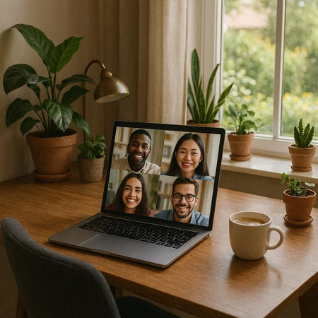 Mixed race family having video call on laptop at home. Video call with diverse family members.