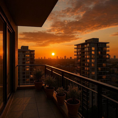 Sunset at the balcony of a modern apartment in the city.